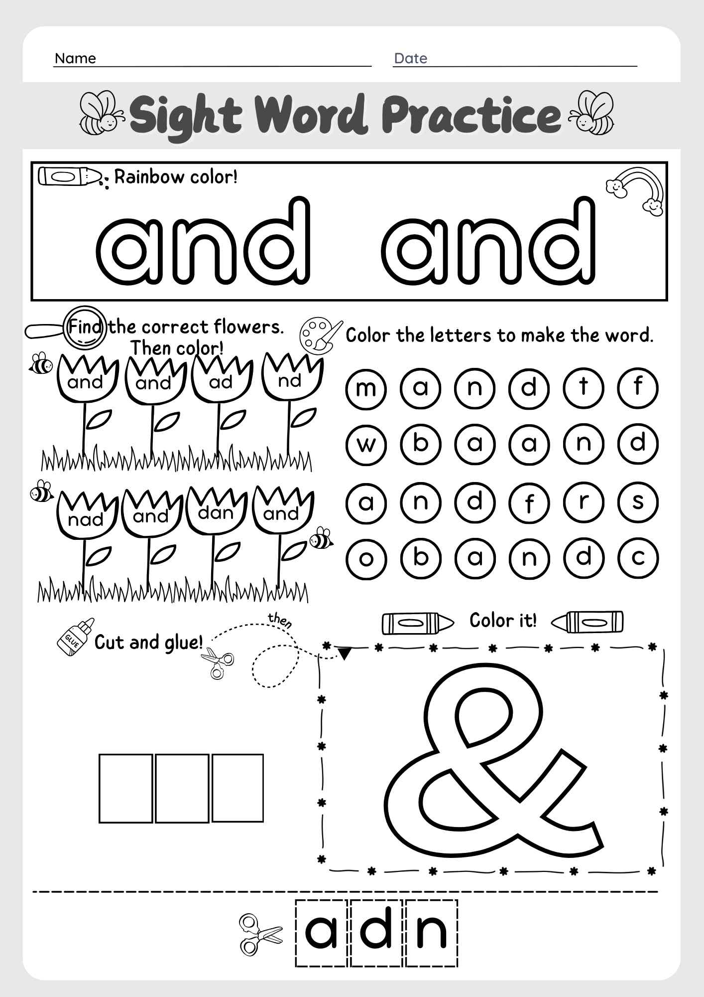 The Word "And" Sight Word Cut and Paste Worksheet for Early Learners Pre K